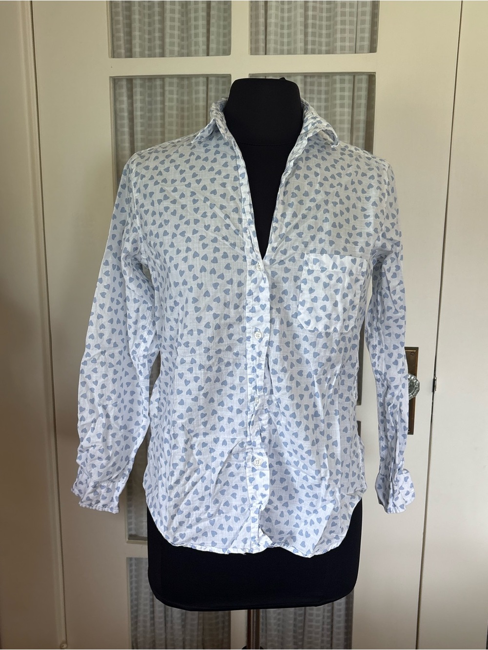 Women's Light Blue Heart-Print Button-Down Shirt